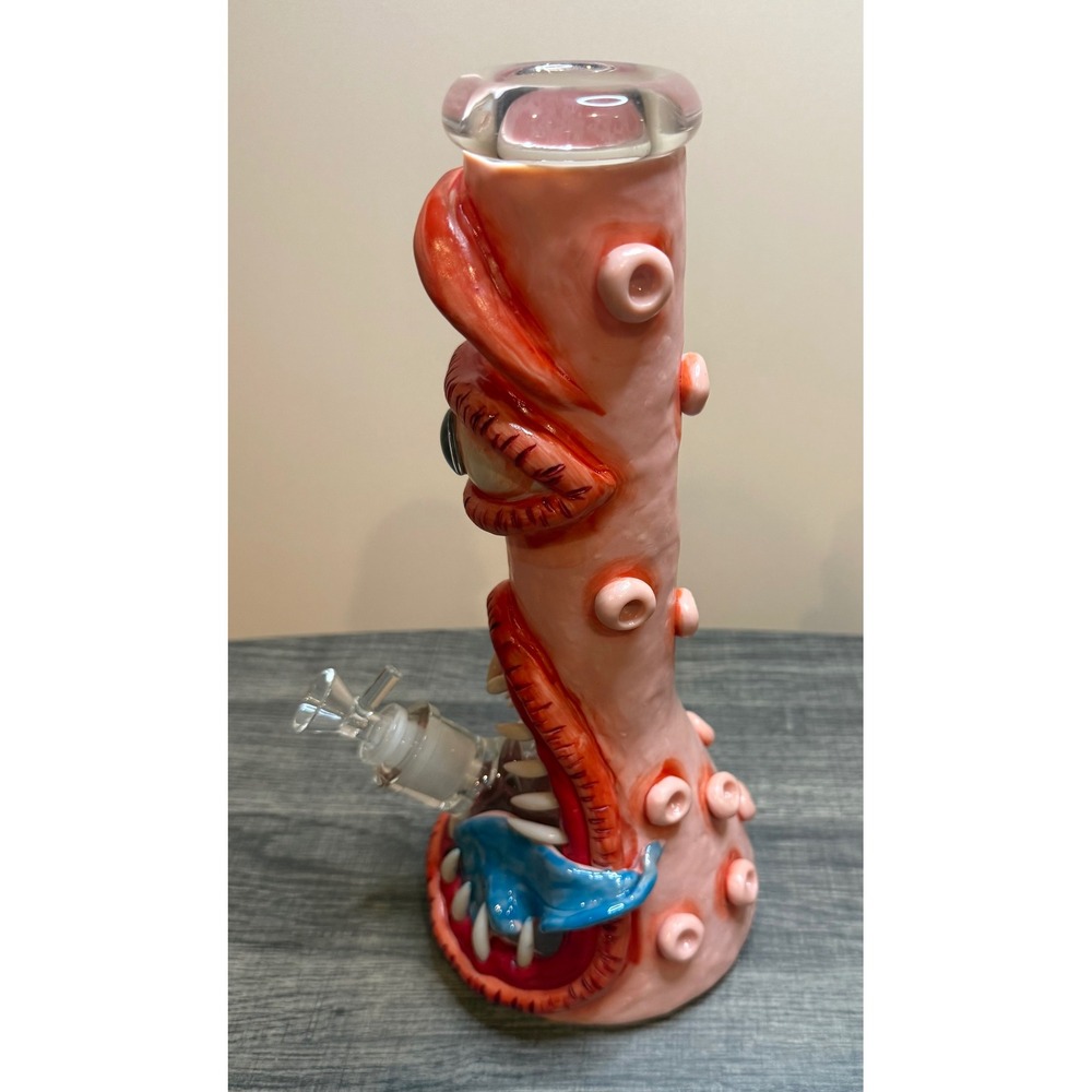 Monster Glass Water Pipe Beaker Horror Eye Teeth Handcrafted Pink Red 10 Inch - Picture 3 of 5